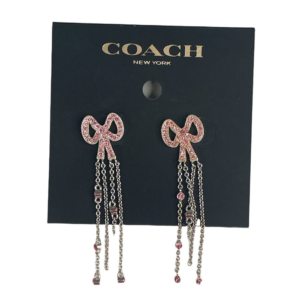 Coach Antique Bow Pave Dangling Chain Earrings, Silver Tone, Pink